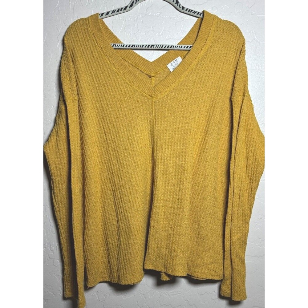 Project Social T Womens M Mustard Yellow Waffle Knit V Neck Sweater Oversized